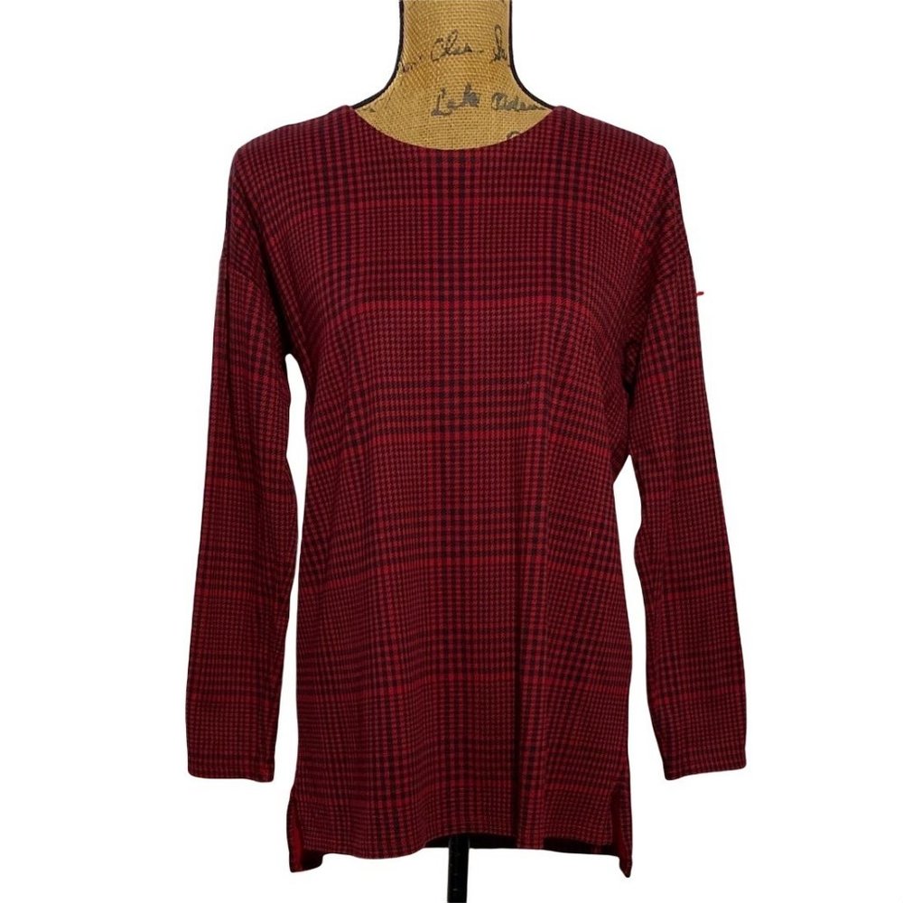 J Jill XS Crew Neck Tunic Top Tee Simply Supima Red Black Gingham Plaid Hi Low